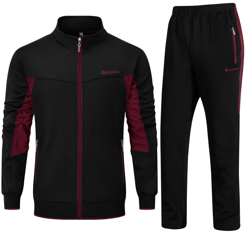Rdruko Men's Tracksuit Athletic Full Zip Casual Sports Outfit Jogging Gym Sweatsuit(Black+Red,US M) - Image 1
