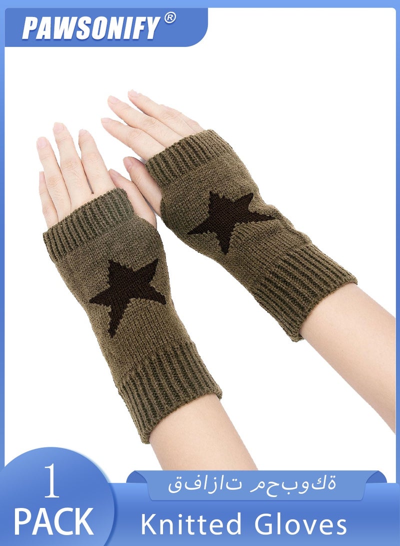 PAWSONIFY Fingerless Star Printed Knitted Gloves - Wrist Warmers Mittens Knitted Gloves for Women Men Typing - Image 1
