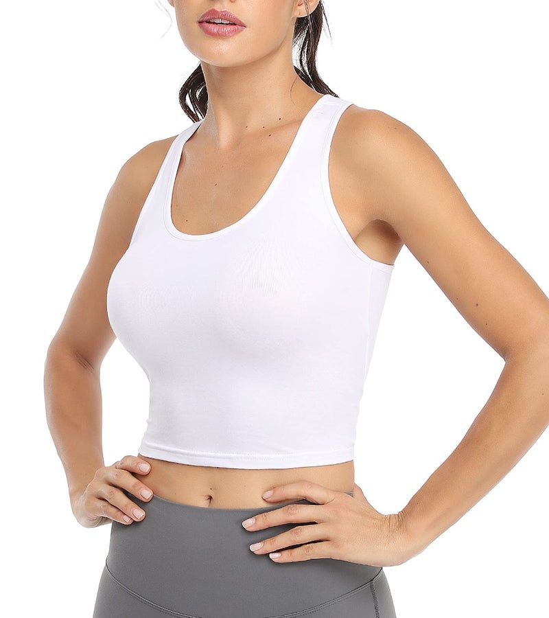 Joviren Cotton Workout Crop Tank Top for Women Racerback Yoga Tank Tops Athletic Sports Shirts Exercise Undershirts 4 Pack Black/White/Blue/Red S - Image 2