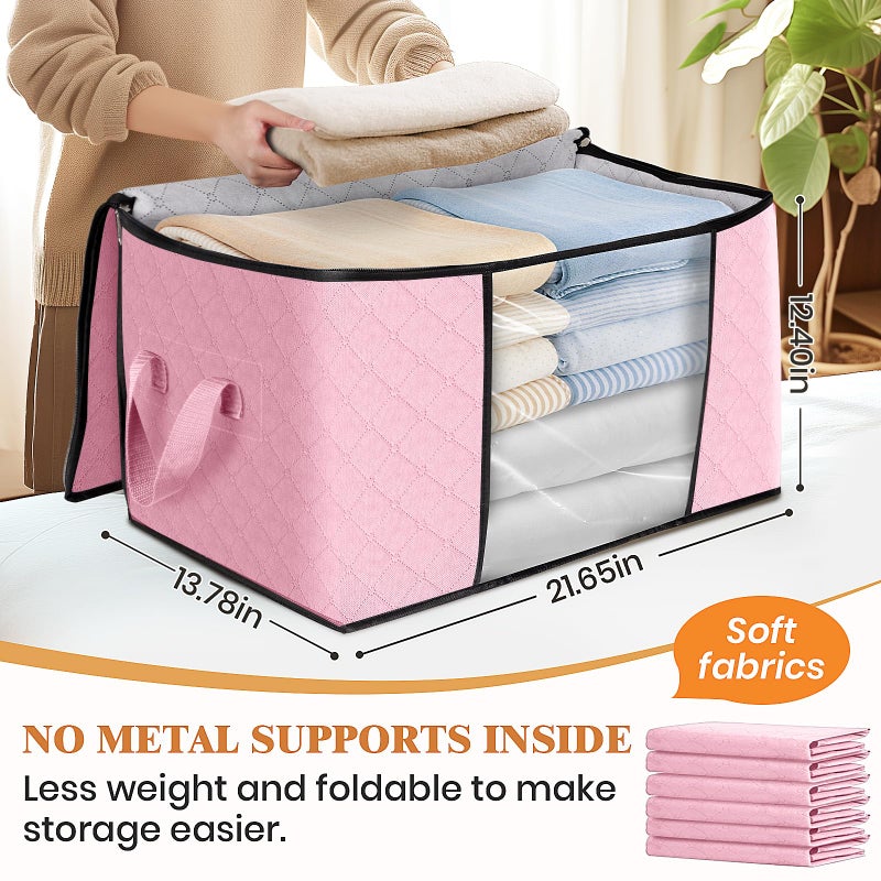 Fab totes 6 Pack Clothes Storage, Foldable Thick Fabric Blanket Storage Bags, Containers for Organizing Bedroom, Closet, Clothing, Comforter, Organization with Handle,Pink - Image 2