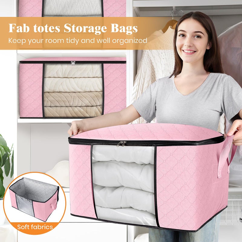 Fab totes 6 Pack Clothes Storage, Foldable Thick Fabric Blanket Storage Bags, Containers for Organizing Bedroom, Closet, Clothing, Comforter, Organization with Handle,Pink - Image 5