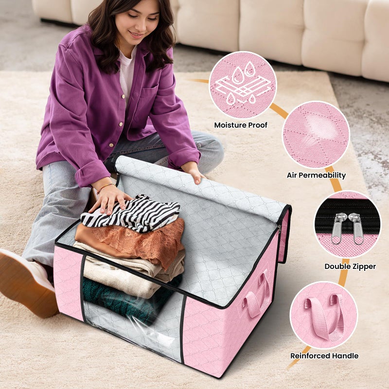 Fab totes 6 Pack Clothes Storage, Foldable Thick Fabric Blanket Storage Bags, Containers for Organizing Bedroom, Closet, Clothing, Comforter, Organization with Handle,Pink - Image 4