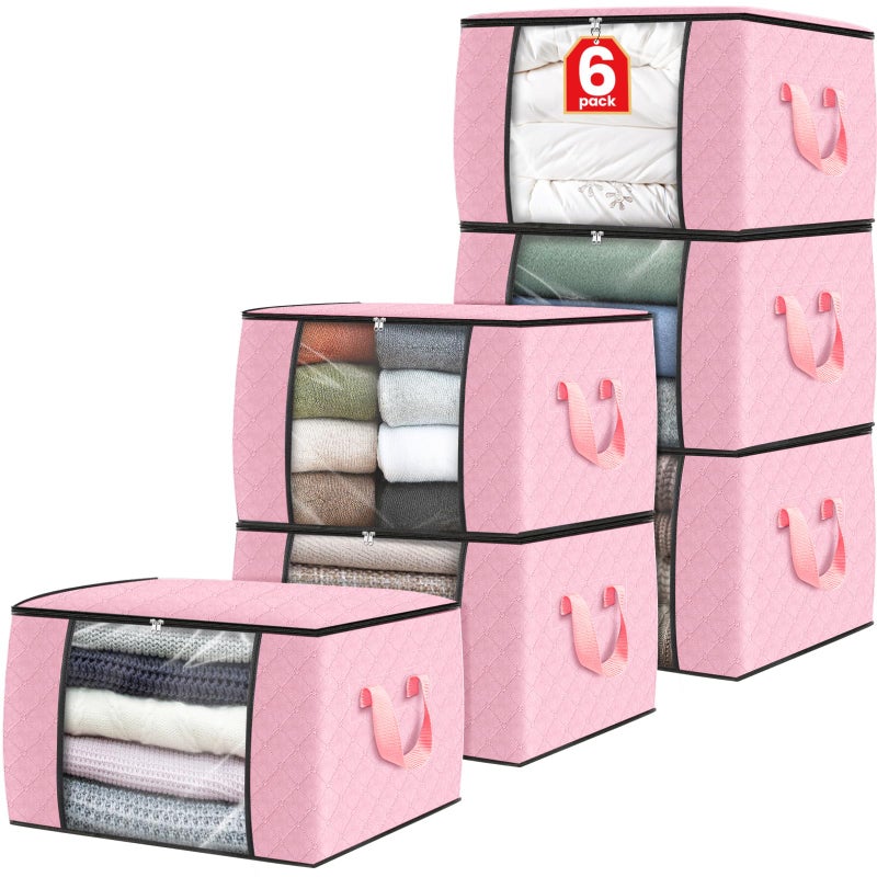 Fab totes 6 Pack Clothes Storage, Foldable Thick Fabric Blanket Storage Bags, Containers for Organizing Bedroom, Closet, Clothing, Comforter, Organization with Handle,Pink - Image 1