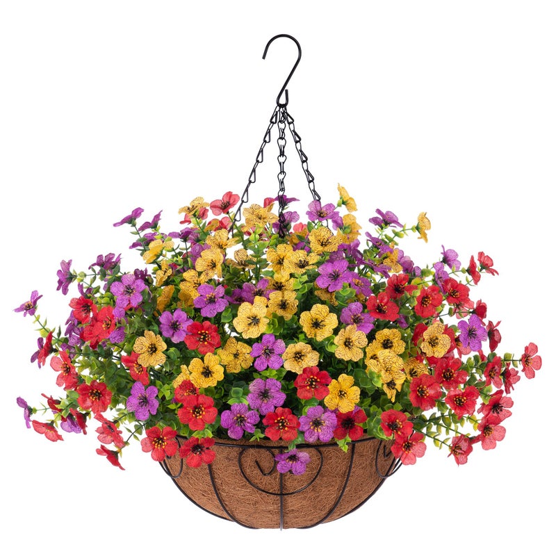 Ammyoo Artificial Faux Hanging Plants Flowers Basket for Spring Outdoor Decoration Fake Silk Daisy UV Resistant Look Real with Eucalyptus Leaves Summer Outside Decor for Home Patio Garden - Image 2