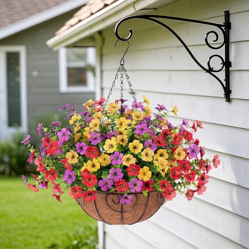 Ammyoo Artificial Faux Hanging Plants Flowers Basket for Spring Outdoor Decoration Fake Silk Daisy UV Resistant Look Real with Eucalyptus Leaves Summer Outside Decor for Home Patio Garden - Image 3