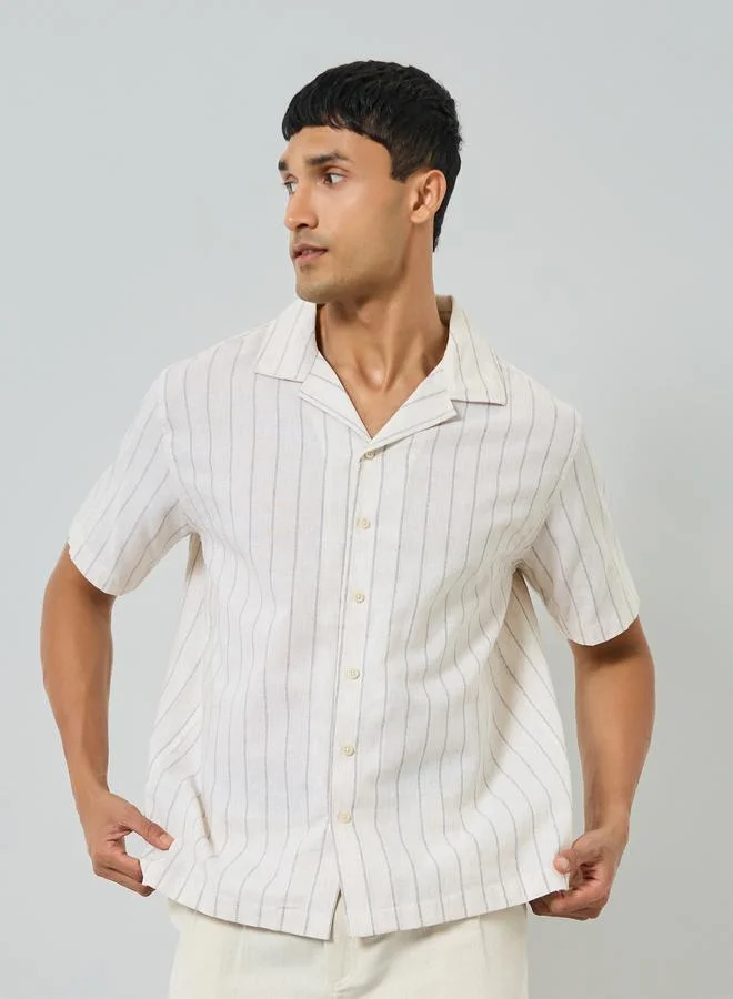 Styli Men Beige Striped Resort Collar Linen Shirt