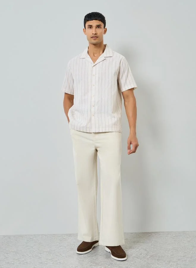 Styli Men Beige Striped Resort Collar Linen Shirt