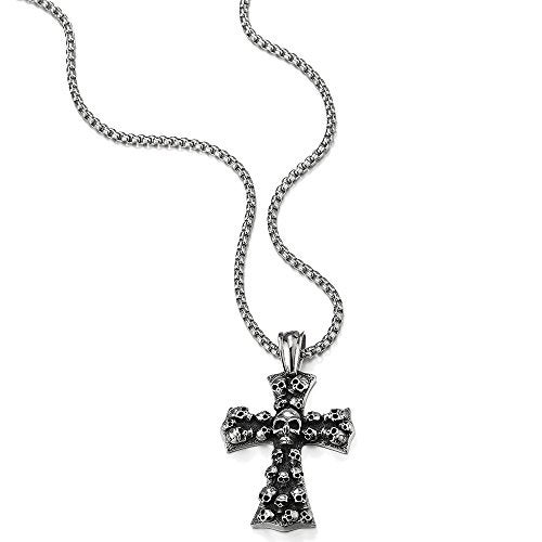 COOLSTEELANDBEYOND Mens Large Gothic Vintage Skulls Cross Pendant Necklace of Steel, 30 inches Wheat Chain - Image 2