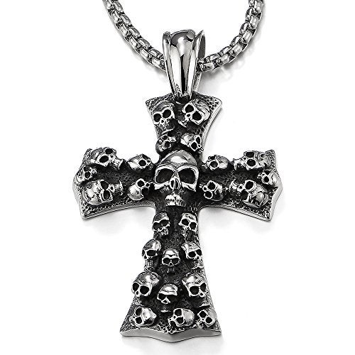 COOLSTEELANDBEYOND Mens Large Gothic Vintage Skulls Cross Pendant Necklace of Steel, 30 inches Wheat Chain - Image 5