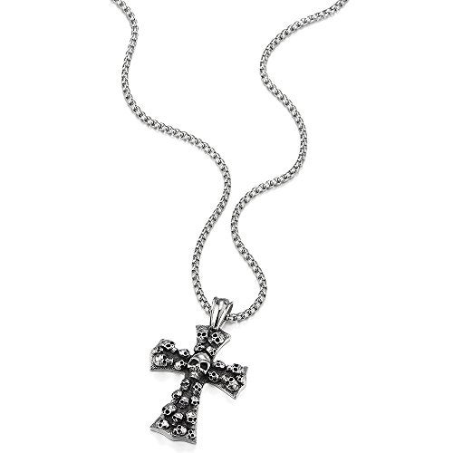 COOLSTEELANDBEYOND Mens Large Gothic Vintage Skulls Cross Pendant Necklace of Steel, 30 inches Wheat Chain - Image 3