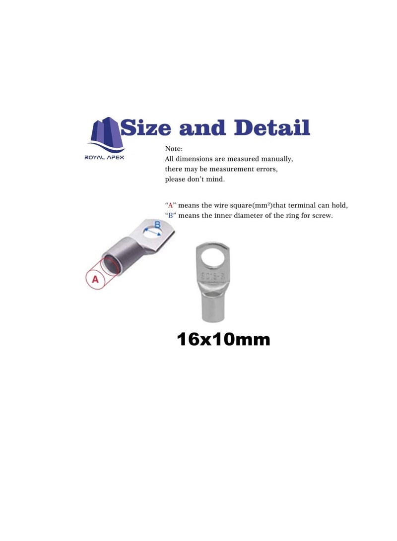 Copper Cable Lugs 10Pcs Set-Wire Terminals, Connector Cable lugs Ring Battery SC Terminals, for Marine, Solar, Automotive, Electric, Home Applications etc (Hole Size 10mm, Cable Size 16mm)  - Image 2