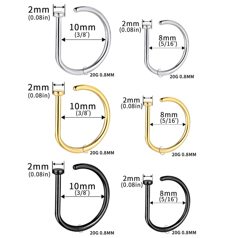 VOJO G23 Titanium 20G Nose Rings Hoops L Shaped Screw Nose Studs Diamond Small Piercing Jewelry for Women Men (D Nose Hoop Silver Gold Black,20G 8mm+10mm) - Image 5