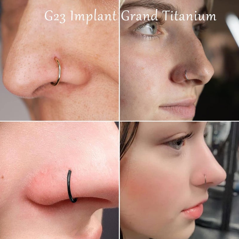 VOJO G23 Titanium 20G Nose Rings Hoops L Shaped Screw Nose Studs Diamond Small Piercing Jewelry for Women Men (D Nose Hoop Silver Gold Black,20G 8mm+10mm) - Image 2