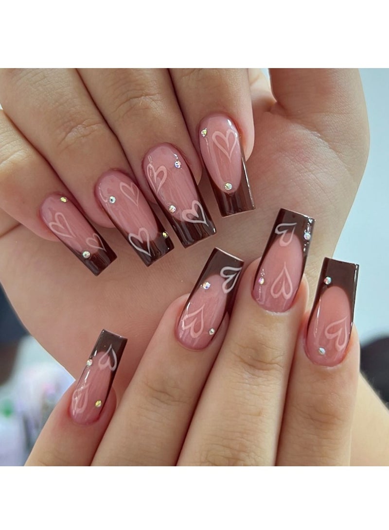 GUDOO French Tip Press on Nails Almond, Long French Nails Simple Nude Brown and Pink Style False Nails Full Cover Chrome Manicure Patches Wearable Stick on Nails for Daily Wear Nails Decoration 24Pcs - Image 2