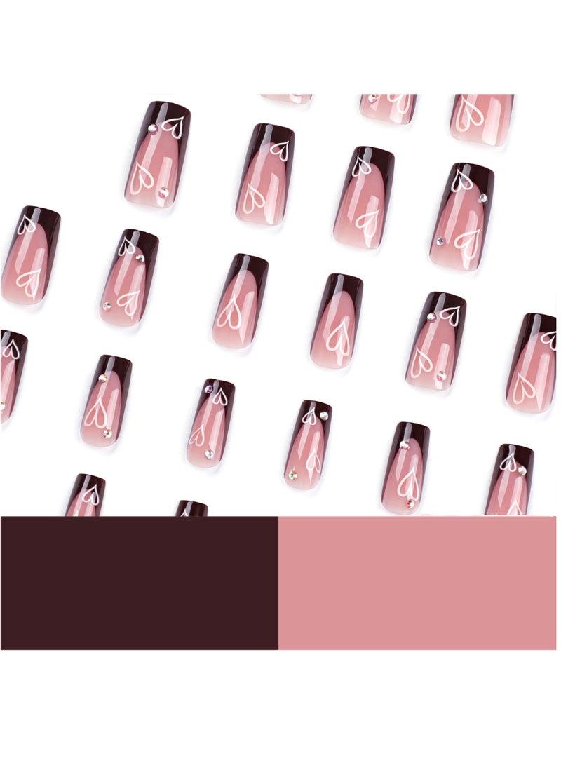 GUDOO French Tip Press on Nails Almond, Long French Nails Simple Nude Brown and Pink Style False Nails Full Cover Chrome Manicure Patches Wearable Stick on Nails for Daily Wear Nails Decoration 24Pcs - Image 5