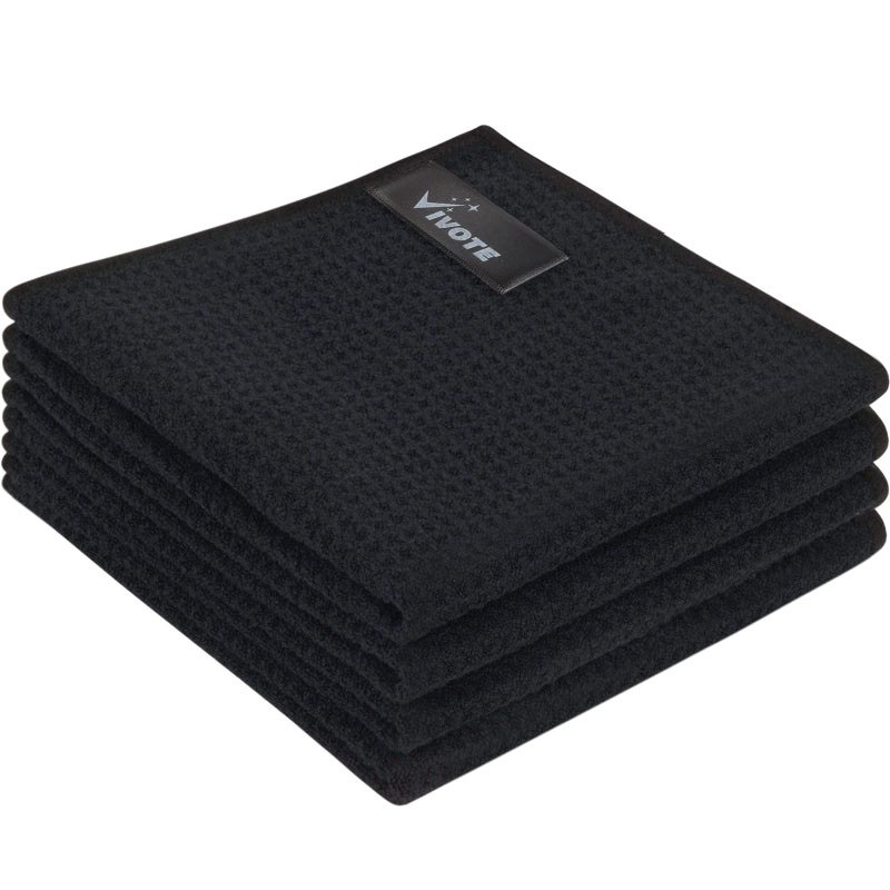 VIVOTE 4Pc Microfibre Tea Towel High Absorbent Dish Cloths No Lint Quick Dry Cleaning Cloth Machine Washable Waffle Cloth Super Soft Barista Cloth Black 30x30cm 380gsm