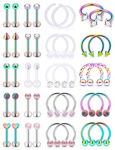 Hoeudjo 16G Surgical Steel Lip Rings Clear Diamond CZ Labret Studs Tragus Horseshoe Ring Helix Hoop Earring Body Jewelry Piercing Retainer for Women Men Rainbow - Image 1