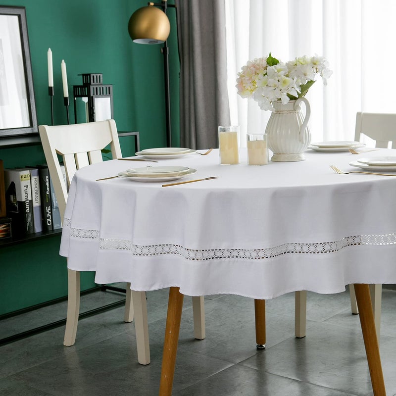 EHouseHome Heavy Duty Fabric Tablecloth with White Lace-Waterproof/Wrinkle Free/Stain Resistant/Oil Proof-for Dining,Indoor&Outdoor,Wedding,Holiday,White,Round 70Inch - Image 5