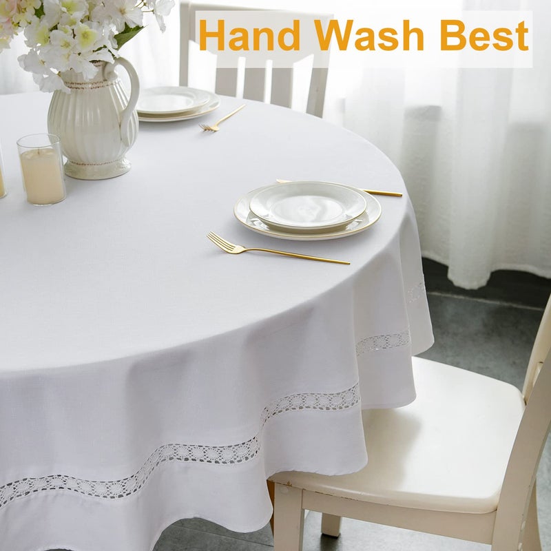 EHouseHome Heavy Duty Fabric Tablecloth with White Lace-Waterproof/Wrinkle Free/Stain Resistant/Oil Proof-for Dining,Indoor&Outdoor,Wedding,Holiday,White,Round 70Inch - Image 4