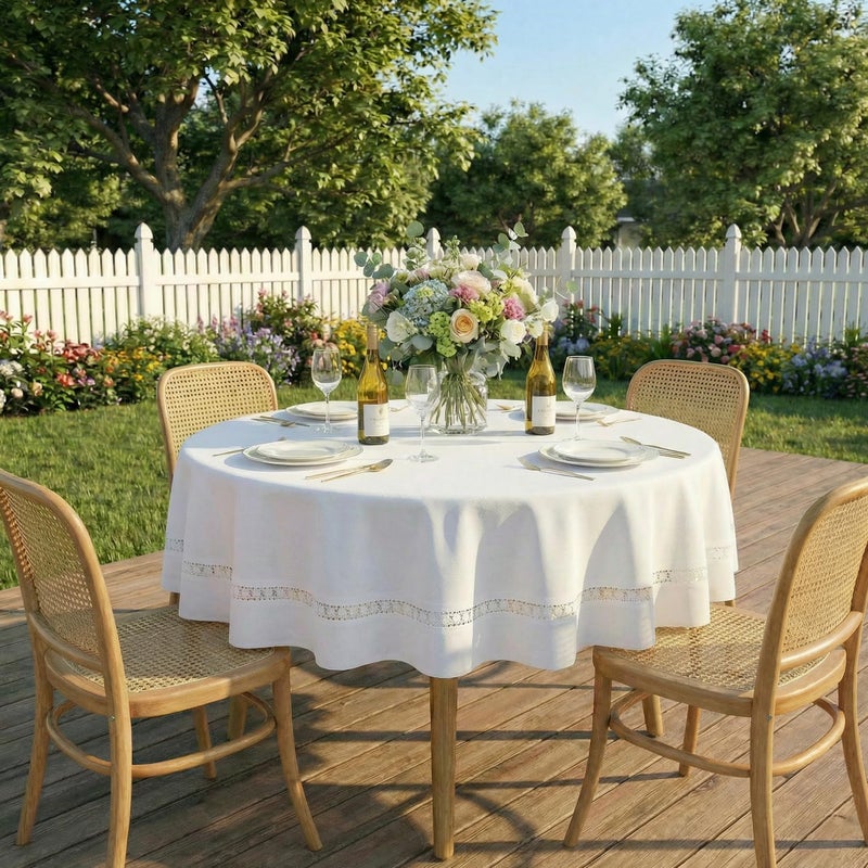EHouseHome Heavy Duty Fabric Tablecloth with White Lace-Waterproof/Wrinkle Free/Stain Resistant/Oil Proof-for Dining,Indoor&Outdoor,Wedding,Holiday,White,Round 70Inch - Image 3