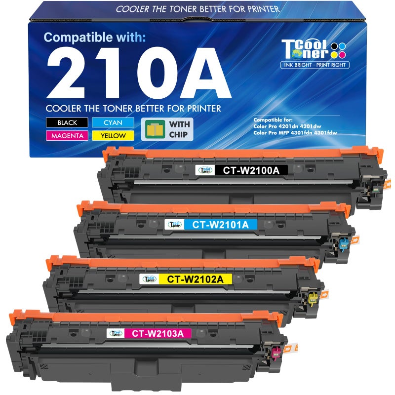 Cool Toner 210A Toner Cartridges 4 Pack 210 4301fdw 4201dn Compatible for HP210A 210X for HP Color LaserJet Pro MFP 4301fdn 4201dn 4201dw W2100X W2100A Series Printer Ink â€ŽBlack Cyan Yellow Magenta(with Chip) - Image 1