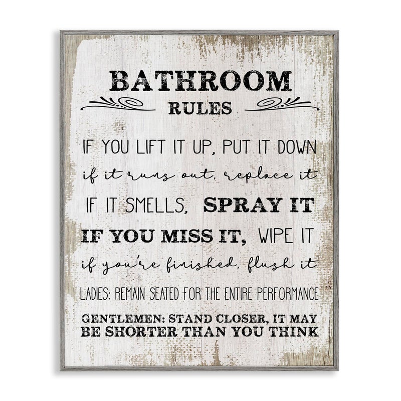 Stupell Industries Bathroom Rules Funny Word Wood Textured Design Gray Framed Giclee 11x14