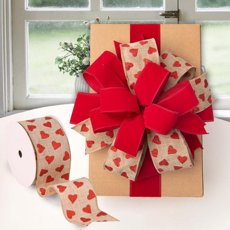 FinBurtip 2.5'' x 10 Yard Valentine's Day Wired Edge Ribbon, Burlap Printed Red Heart Ribbons Gift Wrapping Ribbon for DIY Craft Wedding Party Wreath Bows Decoration (Burlap Heart) - Image 3