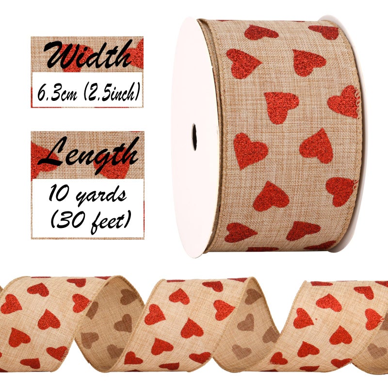 FinBurtip 2.5'' x 10 Yard Valentine's Day Wired Edge Ribbon, Burlap Printed Red Heart Ribbons Gift Wrapping Ribbon for DIY Craft Wedding Party Wreath Bows Decoration (Burlap Heart) - Image 2