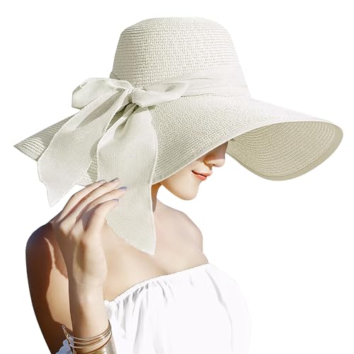 Lanzom Womens 5.7 Inches Big Bowknot Straw Hat Large Floppy Foldable Roll up Beach Cap Sun Hat UPF 50+ Fit Size 6 8/7-7 1/4(Ivory White) - Image 1