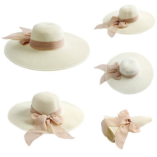 Lanzom Womens 5.7 Inches Big Bowknot Straw Hat Large Floppy Foldable Roll up Beach Cap Sun Hat UPF 50+ Fit Size 6 8/7-7 1/4(Ivory White) - Image 2