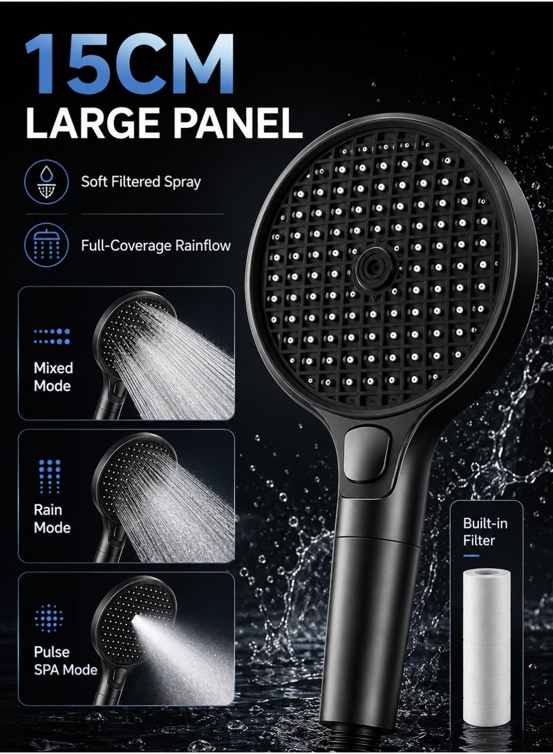 MODI 15cm Plus High Pressure Handheld Shower Head with Replaceable Filter – Turbocharged Design, 3 Spray Modes, Water Saving, Removes Chlorine & Impurities, Prevents Hair Loss & Dry Skin, 15cm Large Panel, On-Off Pause Button, Anti-Clog Nozzles, Easy Install, Universal Fit - Image 1