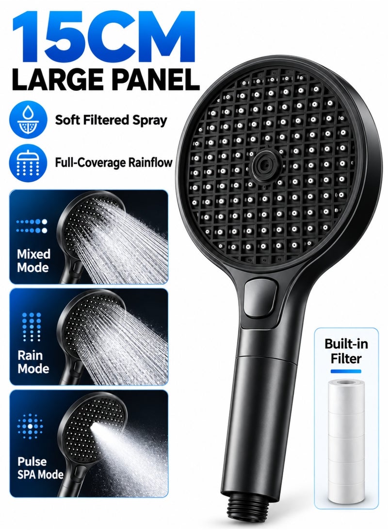 MODI 15cm Plus High Pressure Handheld Shower Head with Replaceable Filter – Turbocharged Design, 3 Spray Modes, Water Saving, Removes Chlorine & Impurities, Prevents Hair Loss & Dry Skin, 15cm Large Panel, On-Off Pause Button, Anti-Clog Nozzles, Easy Install, Universal Fit - Image 1