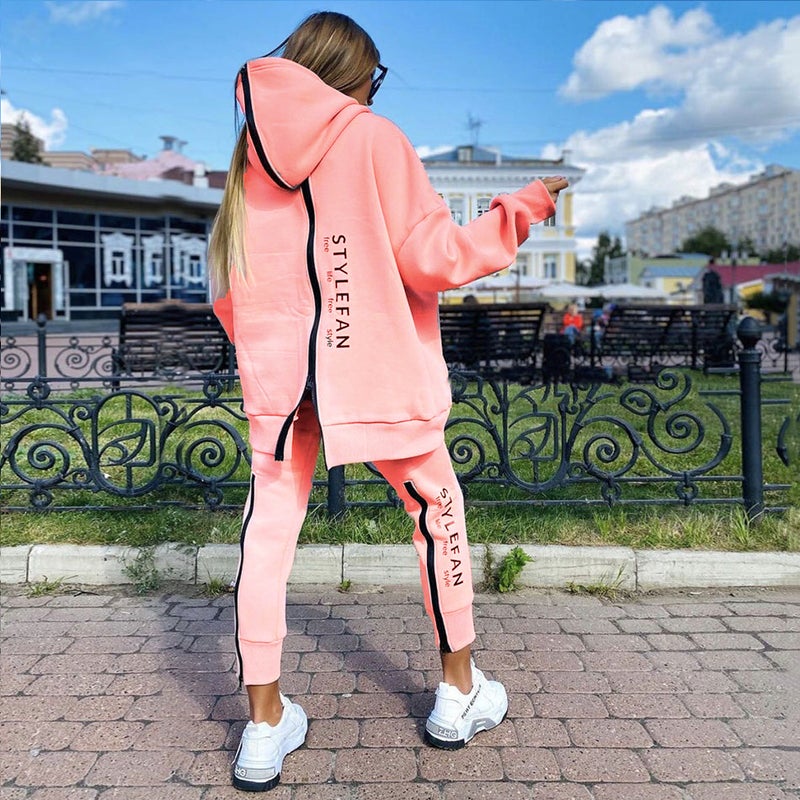 2023 Euro-American Fashion Zip Hoodie  Pants Set Pink