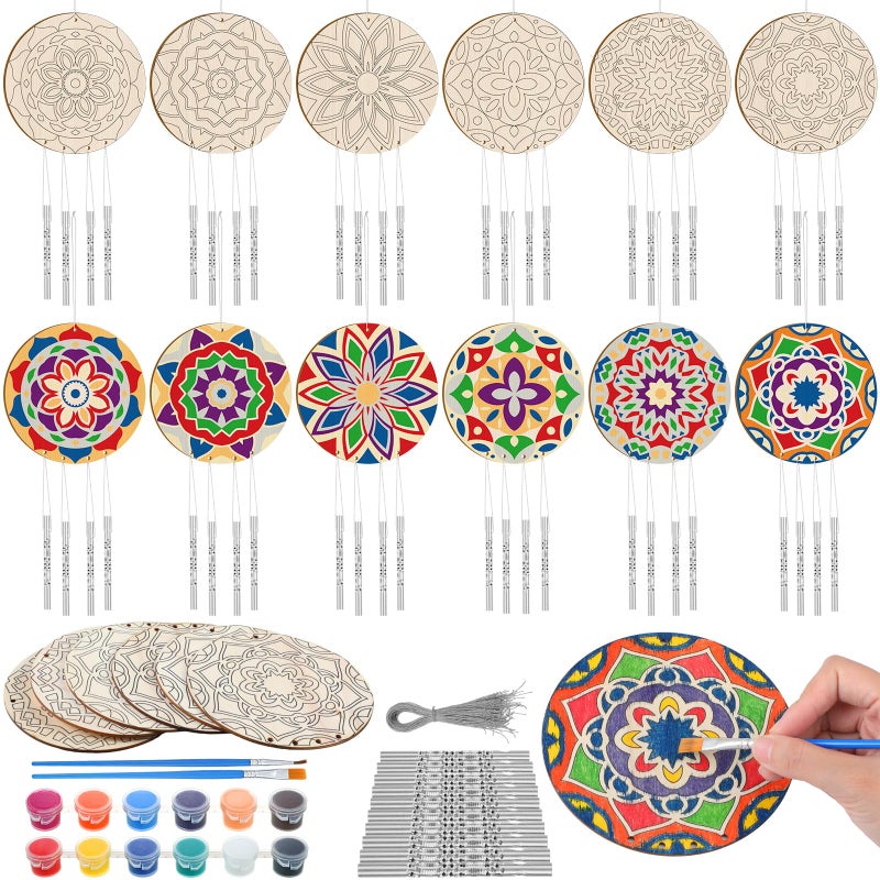 Silipull 24 Sets Mandala Wood Wind Chimes Craft for Kids Color Your Own Windchime DIY Unfinished Wooden Hanging Ornaments Coloring Wind Chime for Kids Gifts School Home and Party Supplies - Image 1
