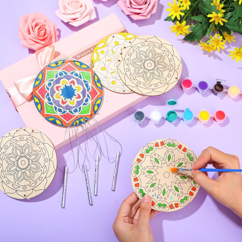 Silipull 24 Sets Mandala Wood Wind Chimes Craft for Kids Color Your Own Windchime DIY Unfinished Wooden Hanging Ornaments Coloring Wind Chime for Kids Gifts School Home and Party Supplies - Image 2