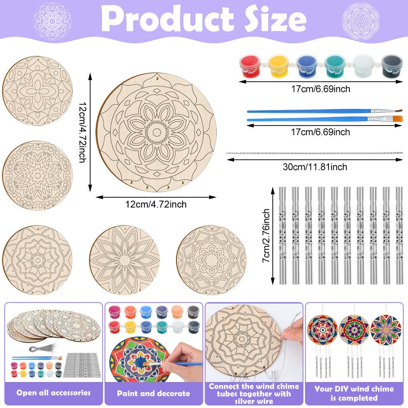 Silipull 24 Sets Mandala Wood Wind Chimes Craft for Kids Color Your Own Windchime DIY Unfinished Wooden Hanging Ornaments Coloring Wind Chime for Kids Gifts School Home and Party Supplies - Image 3