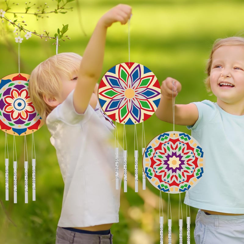 Silipull 24 Sets Mandala Wood Wind Chimes Craft for Kids Color Your Own Windchime DIY Unfinished Wooden Hanging Ornaments Coloring Wind Chime for Kids Gifts School Home and Party Supplies - Image 4