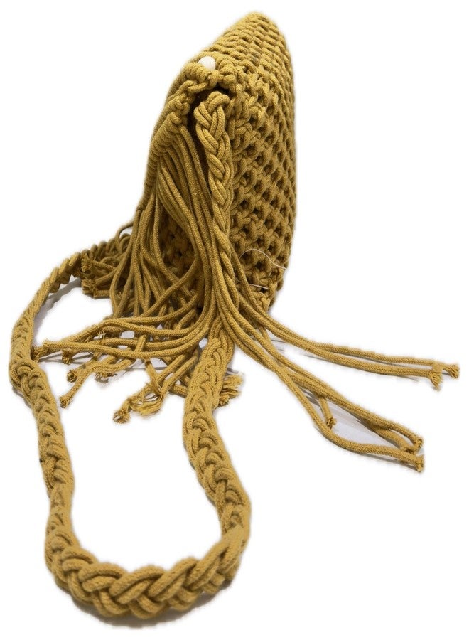 FIBREGOLD Macrame Crossbody Bag, Mustard Yellow, Handwoven with Fringe Detail, Beaded Accent, Boho Style - Image 5