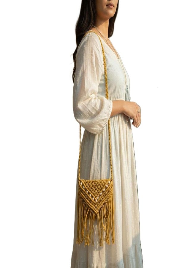 FIBREGOLD Macrame Crossbody Bag, Mustard Yellow, Handwoven with Fringe Detail, Beaded Accent, Boho Style - Image 3