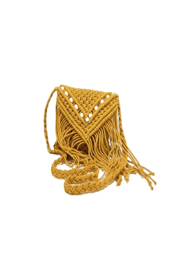 FIBREGOLD Macrame Crossbody Bag, Mustard Yellow, Handwoven with Fringe Detail, Beaded Accent, Boho Style - Image 1