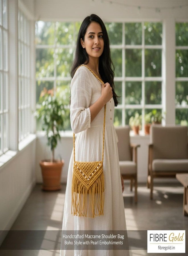 FIBREGOLD Macrame Crossbody Bag, Mustard Yellow, Handwoven with Fringe Detail, Beaded Accent, Boho Style - Image 2
