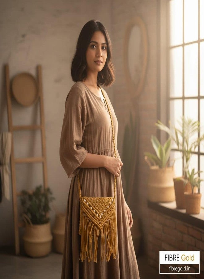 FIBREGOLD Macrame Crossbody Bag, Mustard Yellow, Handwoven with Fringe Detail, Beaded Accent, Boho Style - Image 4