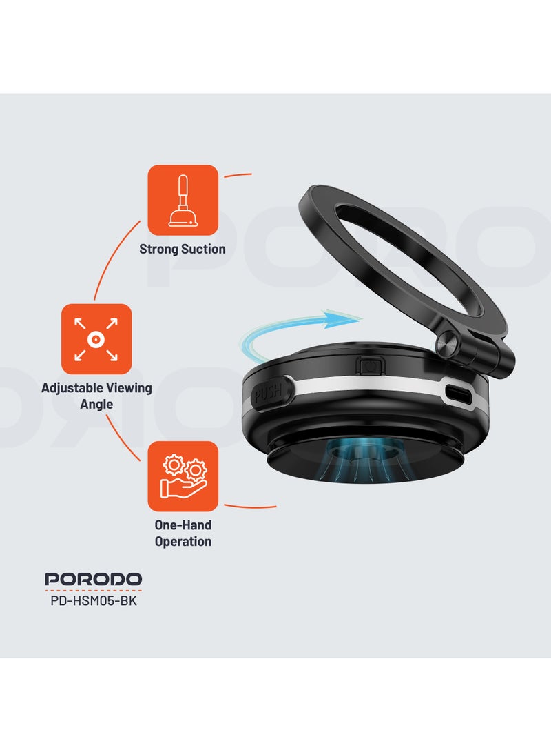 porodo Vacuseal MagSafe Magnetic Mount 360° Swivel Rotation / Strong Suction / Adjustable Viewing Angle / One-Hand Operation / Horizontal & Vertical / Type-C Charging Port / Up to 15 Days Working Time - Black - Image 2