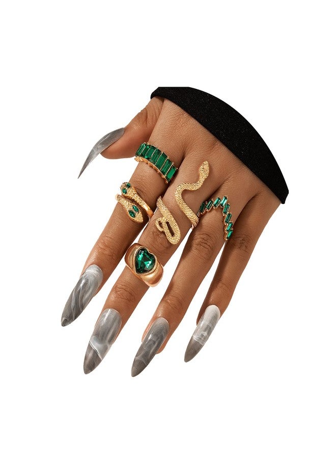 INENIMARTJ Snake Rings for Women,Gold Snake Knuckle Rings Boho Crystal Heart Stacking Finger Rings Set Vintage Snake Jewelry (Green) - Image 1