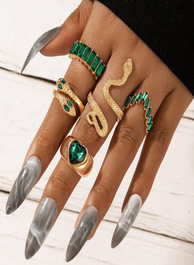 INENIMARTJ Snake Rings for Women,Gold Snake Knuckle Rings Boho Crystal Heart Stacking Finger Rings Set Vintage Snake Jewelry (Green) - Image 2