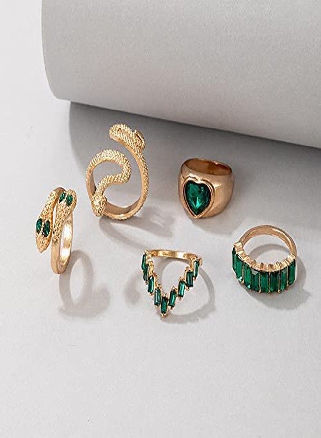 INENIMARTJ Snake Rings for Women,Gold Snake Knuckle Rings Boho Crystal Heart Stacking Finger Rings Set Vintage Snake Jewelry (Green) - Image 5