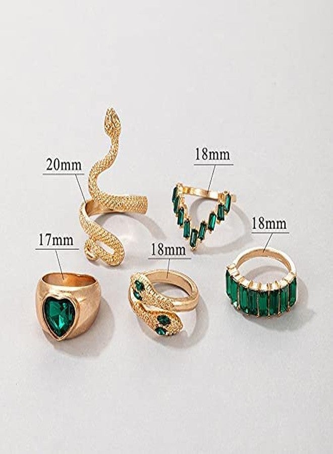 INENIMARTJ Snake Rings for Women,Gold Snake Knuckle Rings Boho Crystal Heart Stacking Finger Rings Set Vintage Snake Jewelry (Green) - Image 3