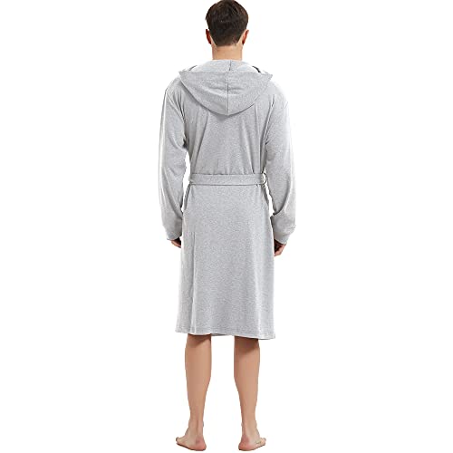 HOLOVE Mens Cotton Robe Lightweight Bathrobes With Hooded Summer Dressing Gowns for Men(Light Gray S/M) - Image 5