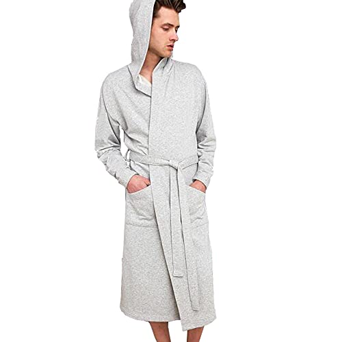 HOLOVE Mens Cotton Robe Lightweight Bathrobes With Hooded Summer Dressing Gowns for Men(Light Gray S/M) - Image 1