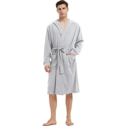 HOLOVE Mens Cotton Robe Lightweight Bathrobes With Hooded Summer Dressing Gowns for Men(Light Gray S/M) - Image 4